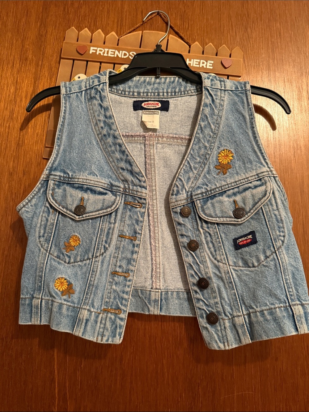 Vintage 80's Jordache Light Blue Denim Vest with Yellow Daisy Embroidery. Small